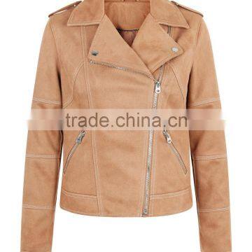 100% Polyester Collared Neck Suede Jacket Double Pockets Zipper Tan Suedette Biker Jacket For Women