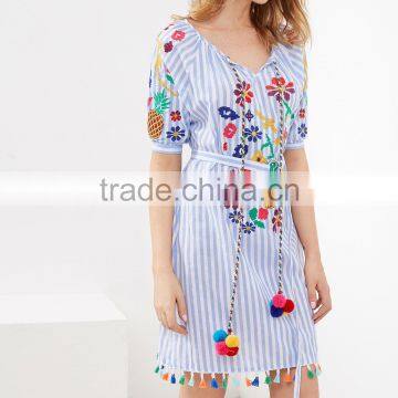 Bohemian Clothing Vertical Striped Embroidered Tassel Hem Pom Pom Dress New Model Girls Dress HSd5212 photo-5