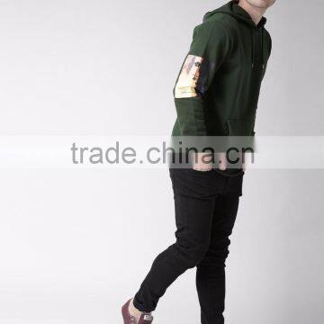 Men Green Printed Back Hooded Sweatshirt Long Sleeves Straight Hem Kangaroo Pocket Hoodies 60% Cotton 40% Polyester Custom Patte