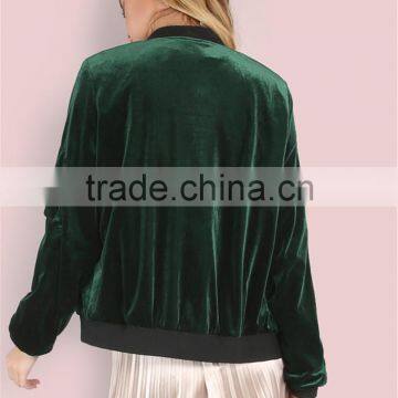 Women Smooth Velvet Bomber Jacket Hunter Green Zip Up Coat With Ribbed Cuff And Collar photo-2