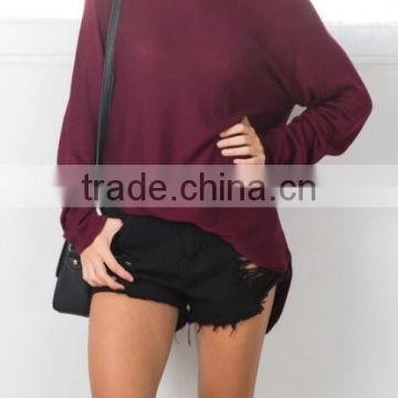 EY0901S knitted Irregular hem long sleeve ladies new design t shirt