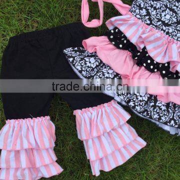 Full Stock Cute Girls Suit Kids Boutique-remake-clothing-sets Girls Ruffle Capri Sets Girls Damask Rose Necklace and Headband photo-6