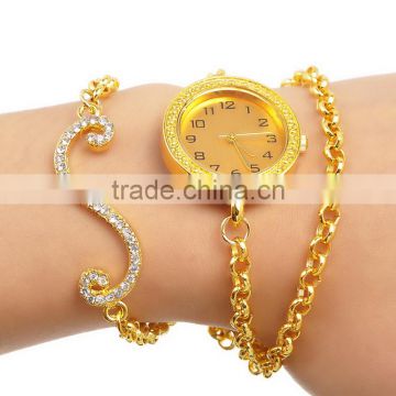 New Fashion Wrap Around Chain Bracelet Wrist Watch Round Golden Vine Findings Clear Rhinestone 60cm1pc,8seasons