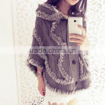 YR474 Oversize Yarn and Rabbit Knit Hooded poncho Cheap Stole with Fur