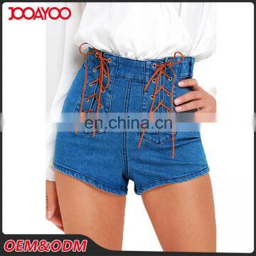 Wholesale Women Fashion Medium Wash High Waist Jean Pants Lace-up Summer Ladies Denim Shorts