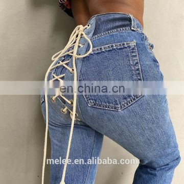 new women's slim fit all-match trend creative back contrast eyelet jeans