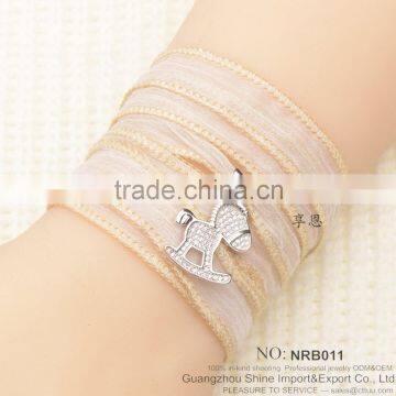 silk wrap bracelet with horse shape charm bracelet imbedding zircon bracelet jewelry from vietnam