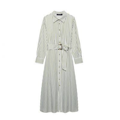 New women's European and American style French fashion dress with waist belt, striped MIDI dress