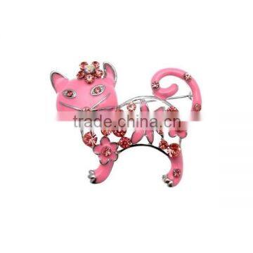 Custom-made Pink Enamel & Crystal Floral Cat Brooch (Silver Tone)