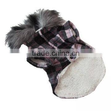 Luxury Fur Collar Horn Buttons Pink Lattice Plaid Dog Coat With Extra Heavy Soft Wool Material Fit for Autumn and Winter