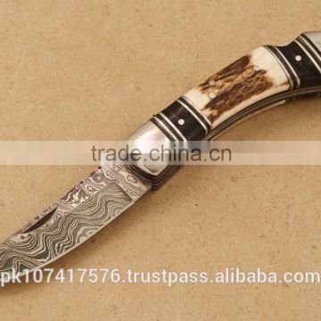 Folding Pocket knife Damascus steel balde /Stag Horn handle