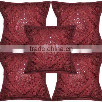 Handmade Embroidered And Mirror Work Indian Cotton Maroon Throw Pillow Cushion Covers