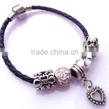 Endless Bracelet Leather Bracelet Colur-Glazed Beads Heart Pendant Stainless Steel Clasps