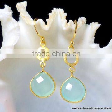 Aqua Chalcedony Brass Earrings, Gold Plated Fashion Earrings, Designer Dangle Earrings