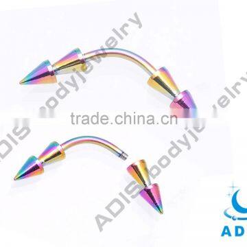 Rainbow anodized G23 titanium eyebrow piercing with double cones