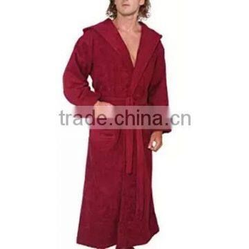 Men's Hooded Full Ankle Length Cotton Robe--Burgundy