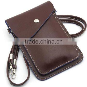 Universal PU Leather Two Layers Mobile Phone Pouch with Shoulder Strap