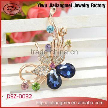 Fancy Blue Crystal Gold Plated Flower Brooch Pins for Lady