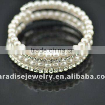 4 row pearl and rhinestone graduated wraparound coil bracelet-BRW060414