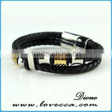 Silver Plated Stainless Steel Charms with Black Leather for Men Magnetic Bracelet