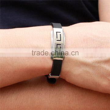 New Fashion Jewelry Silicone Rubber Silver Sleepy Hollow Strip Grain Stainless Steel Men Bracelet Bangle photo-5