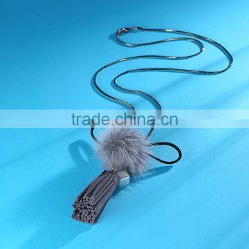 Autumn Winter Mink Hair Ball Pendant Necklace Velvet Tassel Long Necklace Long Sweater Necklace