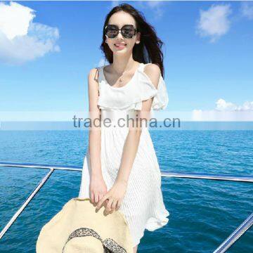 Ladies bohemia style chiffon short white color elastic waist pleated halter elegant beach dress