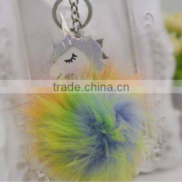 Shiny Unicorn Horse Animal Fur Pom Pom Keychain Bag Charms Unique Faux Fur Ball Bag Charms 2017 Keychain Premium Gifts photo-2