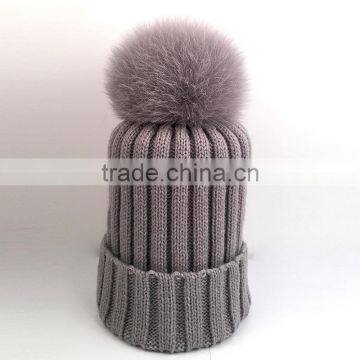 Myfur Wholesale Women Wool Beanie with Genuine Fox Body Fur Bobble