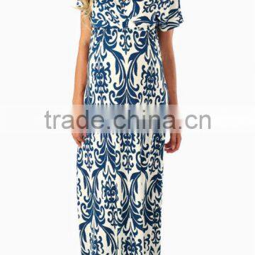 TEAL DAMASK PRINTED MATERNITY/NURSING MAXI DRESS