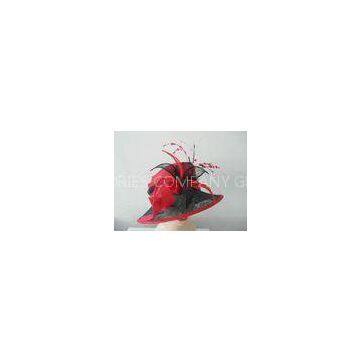 Red Two Layer Sinamay Ladies Hats With Coque Feathers For Christmas , Halloween