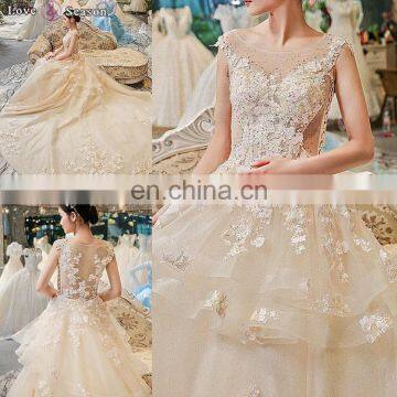 LS00406 cap sleeves elegant peplum long train sequin dress see through bodice wedding dress