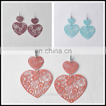 Wholesale delicate colorful hollow heart jewelry filigree two heart women drop earrings fashion forever love valentines gift