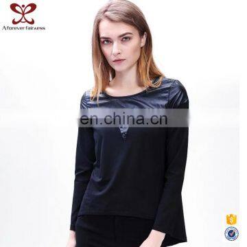 Ladies Rivet Long Sleeve Cotton Blending And PU Leather Hoodies Pullover