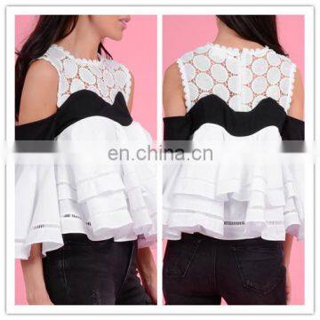 Latest Womens Black And White Cold Shoulder Lace Ruffle Tops