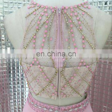 Hot Sale Two-Piece Heavy Beaded Chiffon Pink Evening Dresses LX284 photo-4
