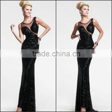 2014 New Arrive Sexy Evening Dress with Sequined and Sleeveless High Quality O-Neck Sheath Evening Dress