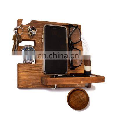 Wooden Docking Station for Men Organizer with Coaster Charges Phone and Holds Keys Watch Wallet Glasses Ring Pen