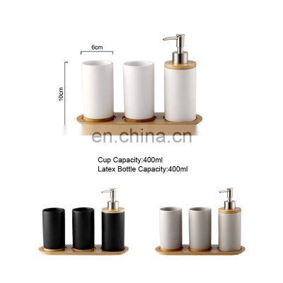 4-Piece Natural Bamboo White and Black Ceramic Bathroom Accessories photo-4