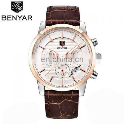 Benyar BY-5104M Personalized Man Quartz Wrist Watches Chronograph Calendar Luxury Leather Men Watch Manufacturer photo-4