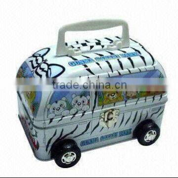 Bus Shaped Tin Box with Handle, Made of Food Grade Tinplate Material