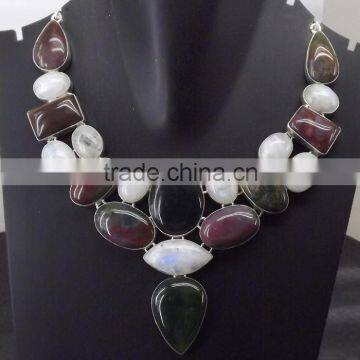 Blood Stone, Rainbow Moonstone Necklace plated 925 Sterling Silver 108 Gms 18-20 Inches