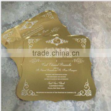 2016 Hot sale charming golden mirrored acrylic wedding invitations with white silk screen printing