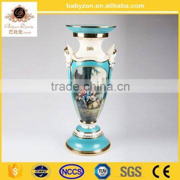 OEM design antique luxury tiffany blue 30"ceramic porcelain art roman pillar with gold for wedding decorations