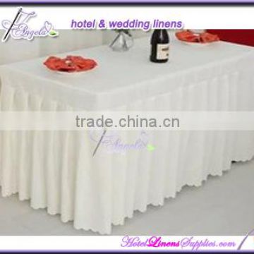 white polyester ruffled table skirts with topper, polyester ruffled table skirtings for wedding events