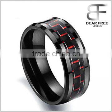 8MM Men's Ceramic Ring Wedding Band Black Plated with Carbon Fiber Inlay and Beveled Edges