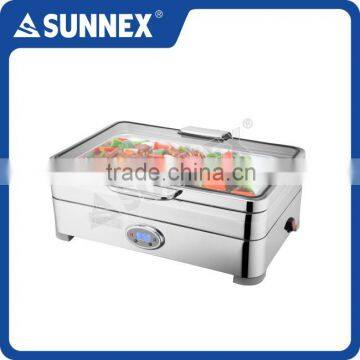 SUNNEX 2016 New Design High Quality Stainless Steel Full Size 13.5Ltr. Big Glass Window Lid Buffet Electric Chafing Dish