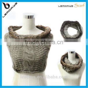 fashion faux fur trim neck warmer infinity blend wool polyester knit scarf, wool scarf, polyester scarf
