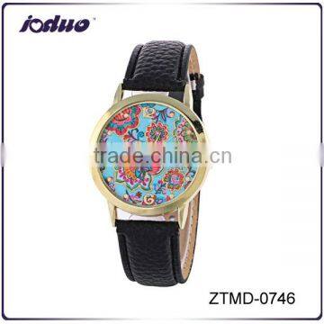 Fashion Blue Flowers Design PU Leather Watches