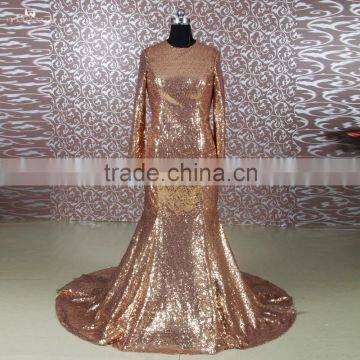 RSE648 Gold Mermaid Long Sleeve Muslim Evening Dress With Sequin